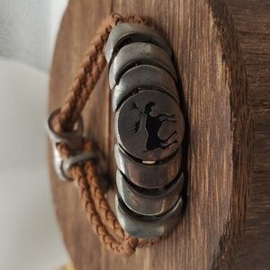 B2540 native moose sterling‎ silver leather braided bracelet